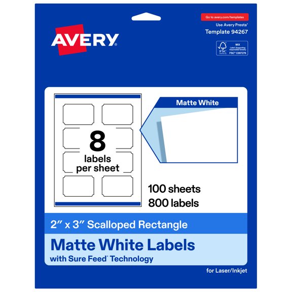Avery® White Scalloped Rectangle Labels, 2" x 3", 800 Labels