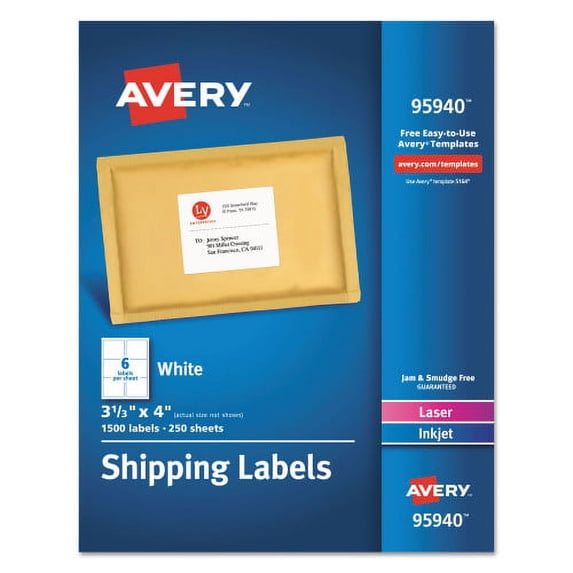 Avery White Shipping Labels-Bulk Packs, Inkjet/Laser Printers, 3.33 x 4, White, 6/Sheet, 250 Sheets/Box, Each