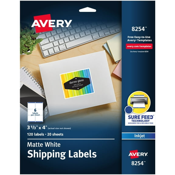 Avery White Shipping Labels, Sure Feed, 3-1/3" x 4", 120 Labels (8254)
