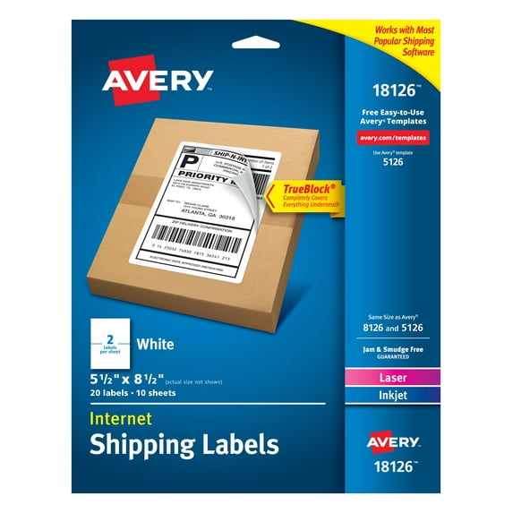 Avery White Shipping Labels with TrueBlock Technology 18126, 5-1/2" x 8-1/2", 20pk and Quality Park Tyvek Expansion First Class Envelope Bundle
