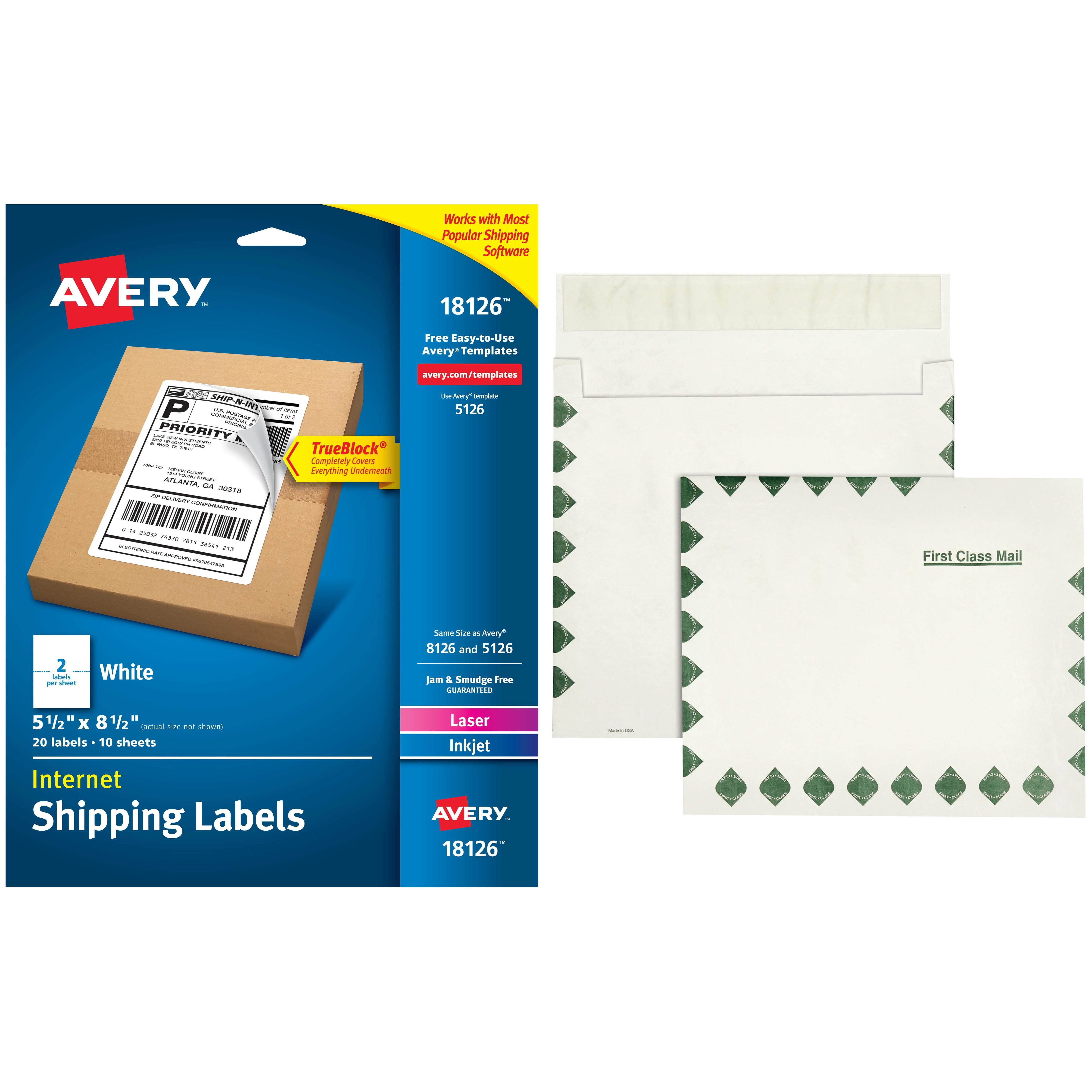 Avery White Shipping Labels with TrueBlock Technology 18126, 5-1/2" x 8-1/2", 20pk and Quality Park Tyvek Expansion First Class Envelope Bundle