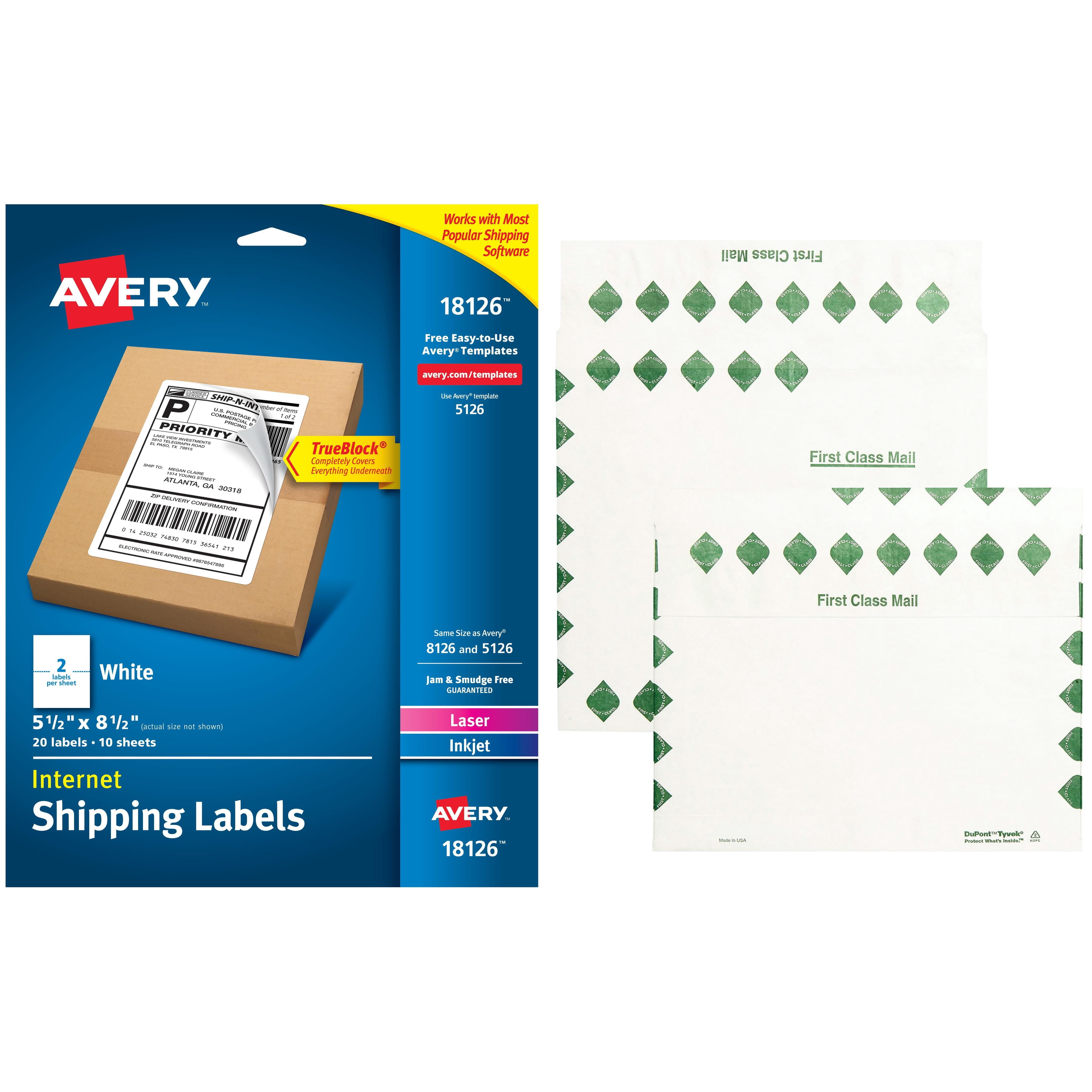 Avery White Shipping Labels with TrueBlock Technology 18126, 5-1/2" x 8-1/2", 20pk and Quality Park Tyvek Expansion First Class Envelopes Bundle