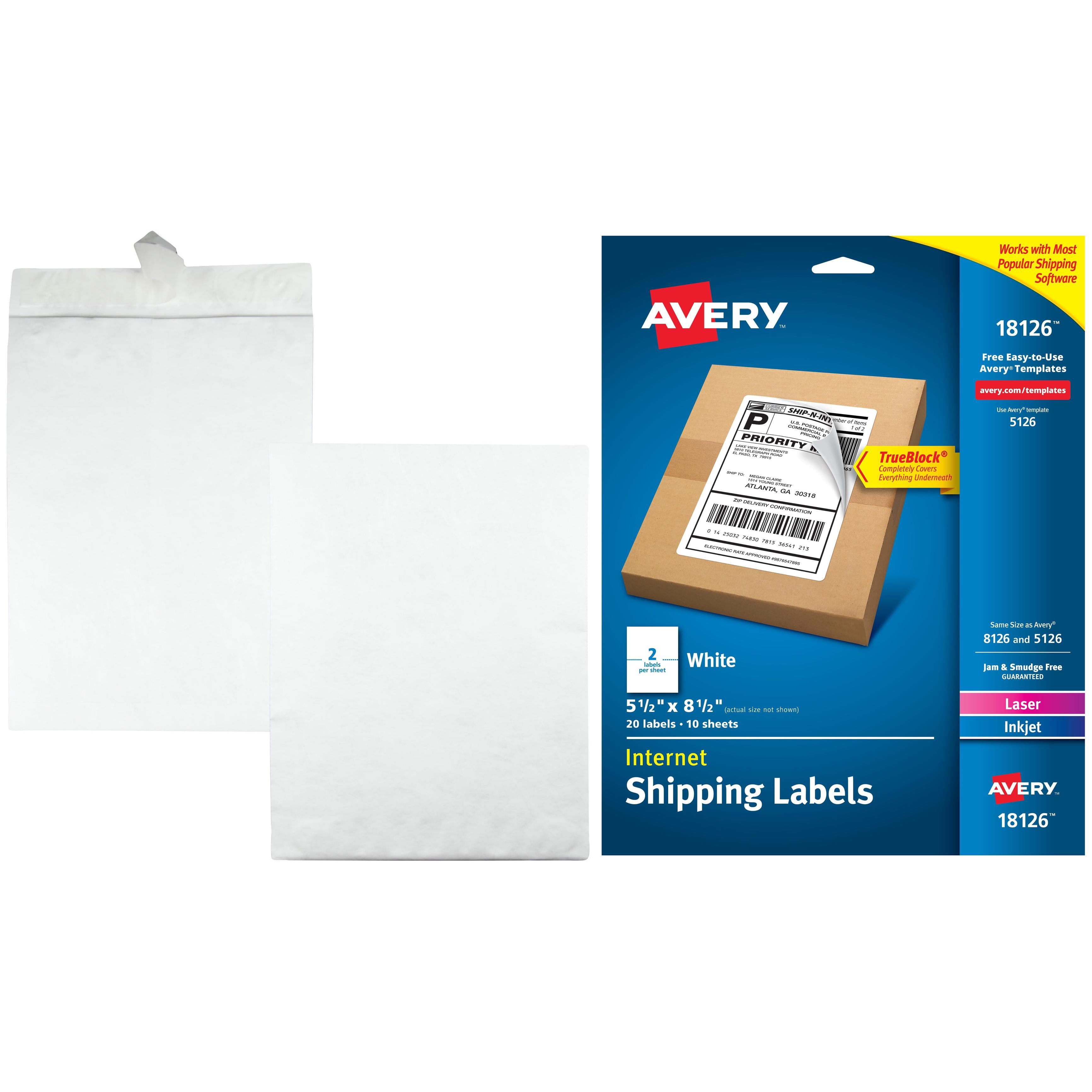 Avery White Shipping Labels with TrueBlock Technology 18126, 5-1/2" x 8-1/2", 20pk and Quality Park Tyvek Jumbo Survivor Envelopes Bundle