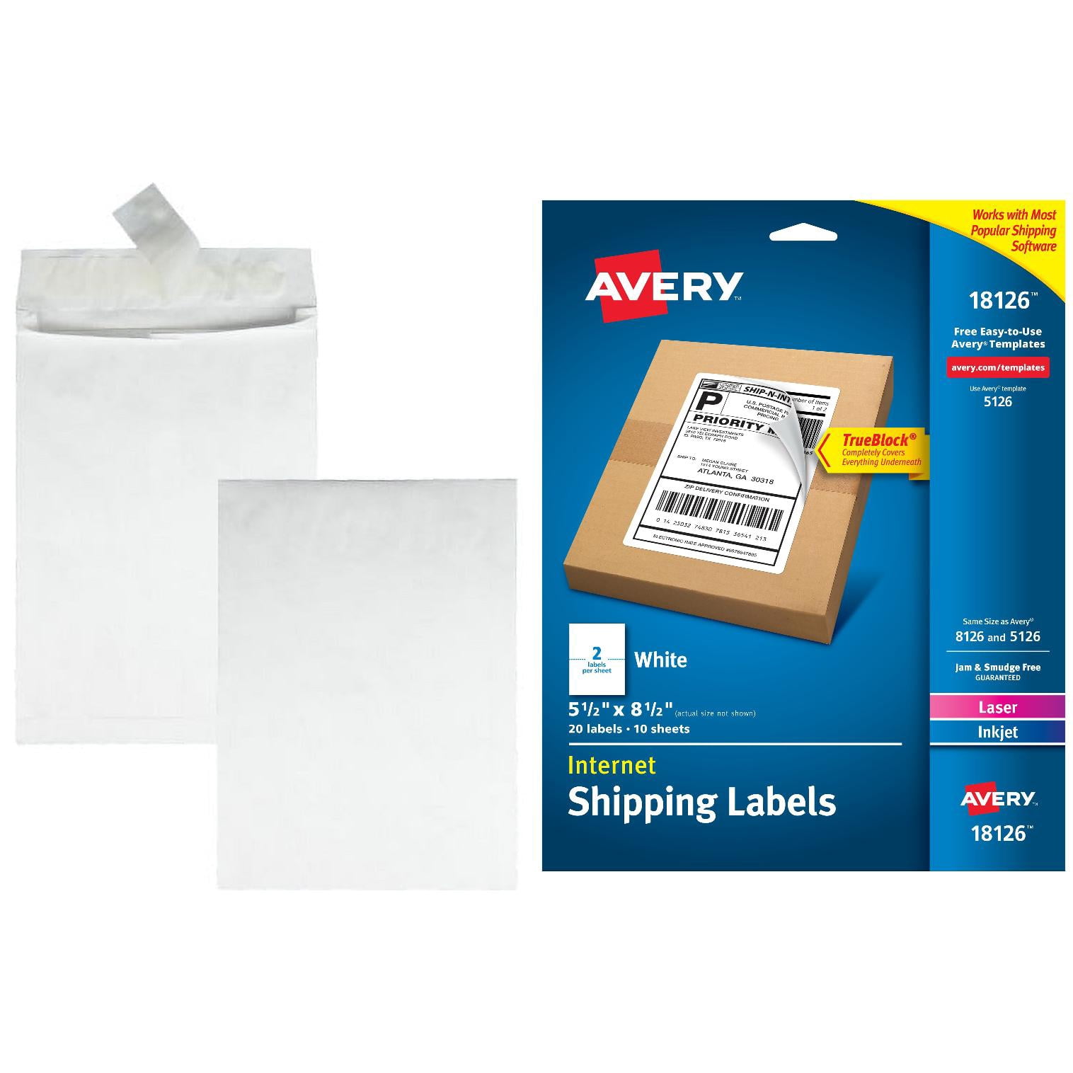 Avery White Shipping Labels with TrueBlock Technology 18126, 5-1/2" x 8-1/2", 20pk and Quality Park Tyvek Plain Expansion Envelopes Bundle
