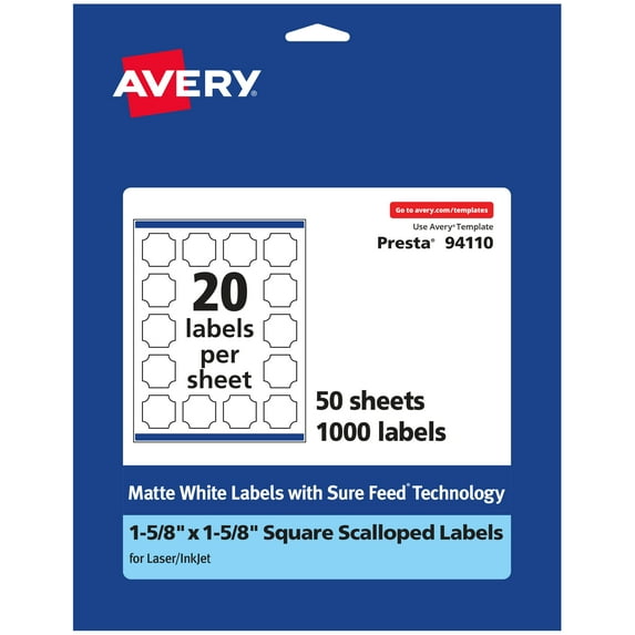 Avery White Square Scalloped Labels, 1-5/8" x 1-5/8", 1,000 Labels