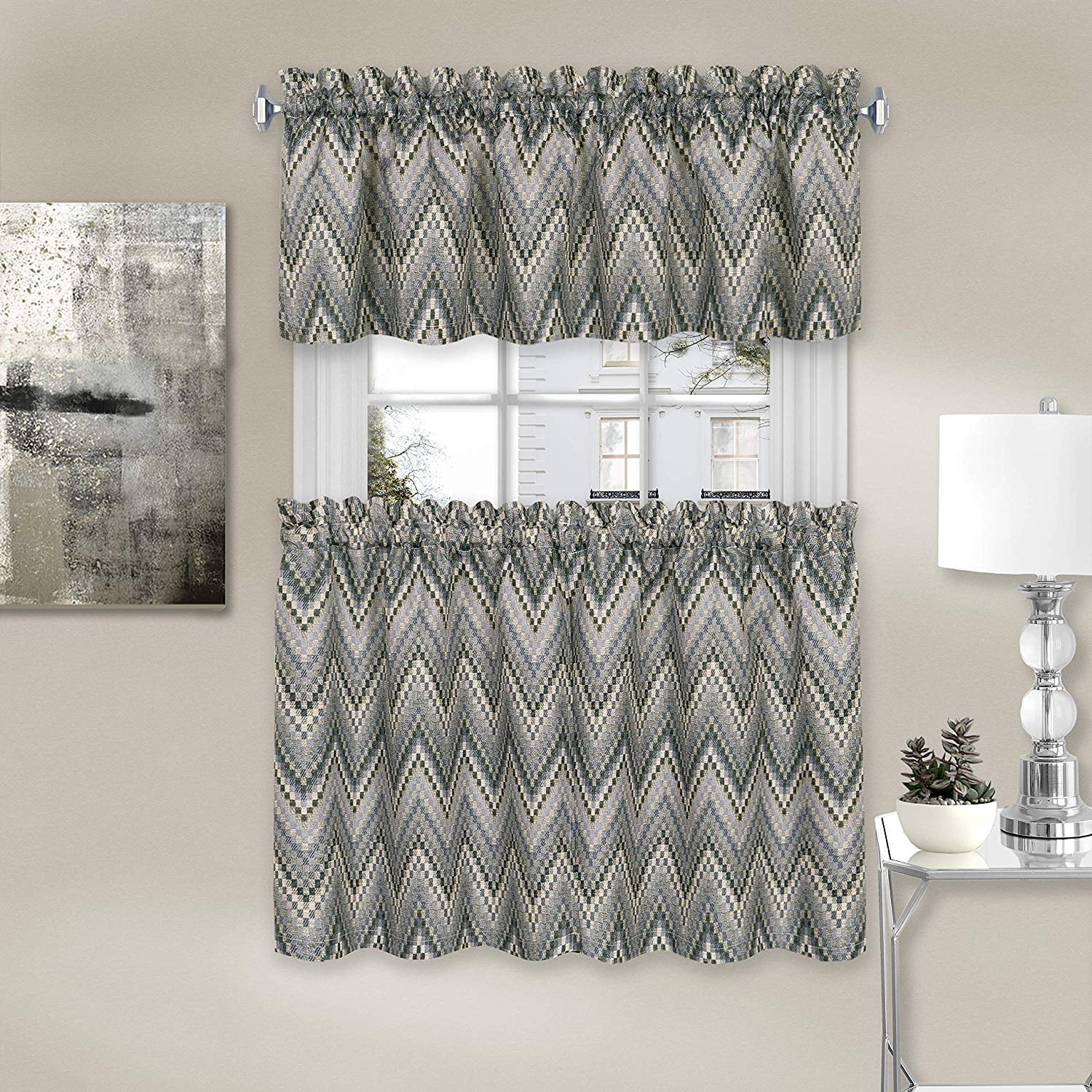 Charcoal Chevron Polyester Rod Pocket Tier Curtains and Valance Set