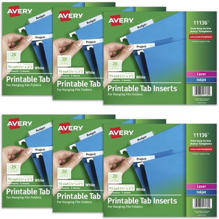 Avery WorkSaver Tab Inserts, 2 inches, White, 100 Inserts per Pack, 6 Packs, 600 Inserts Total (11136)