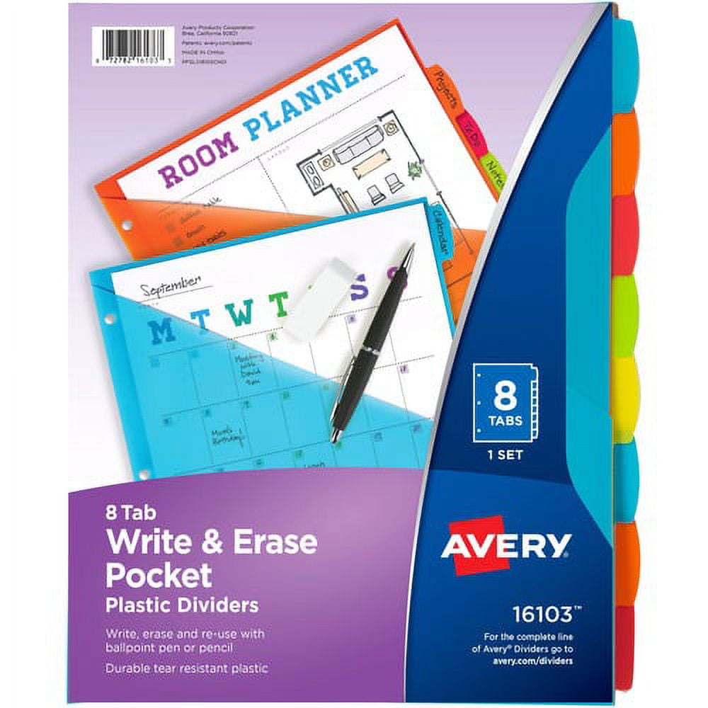 Avery Write & Erase 8-Tab Plastic Dividers, Pockets, Brights (16103) - Multicolor - Plastic - 2 Avery Write & Erase 8-Tab Plastic Dividers, Pockets, Brights (16103) - Multicolor - Plastic - 2