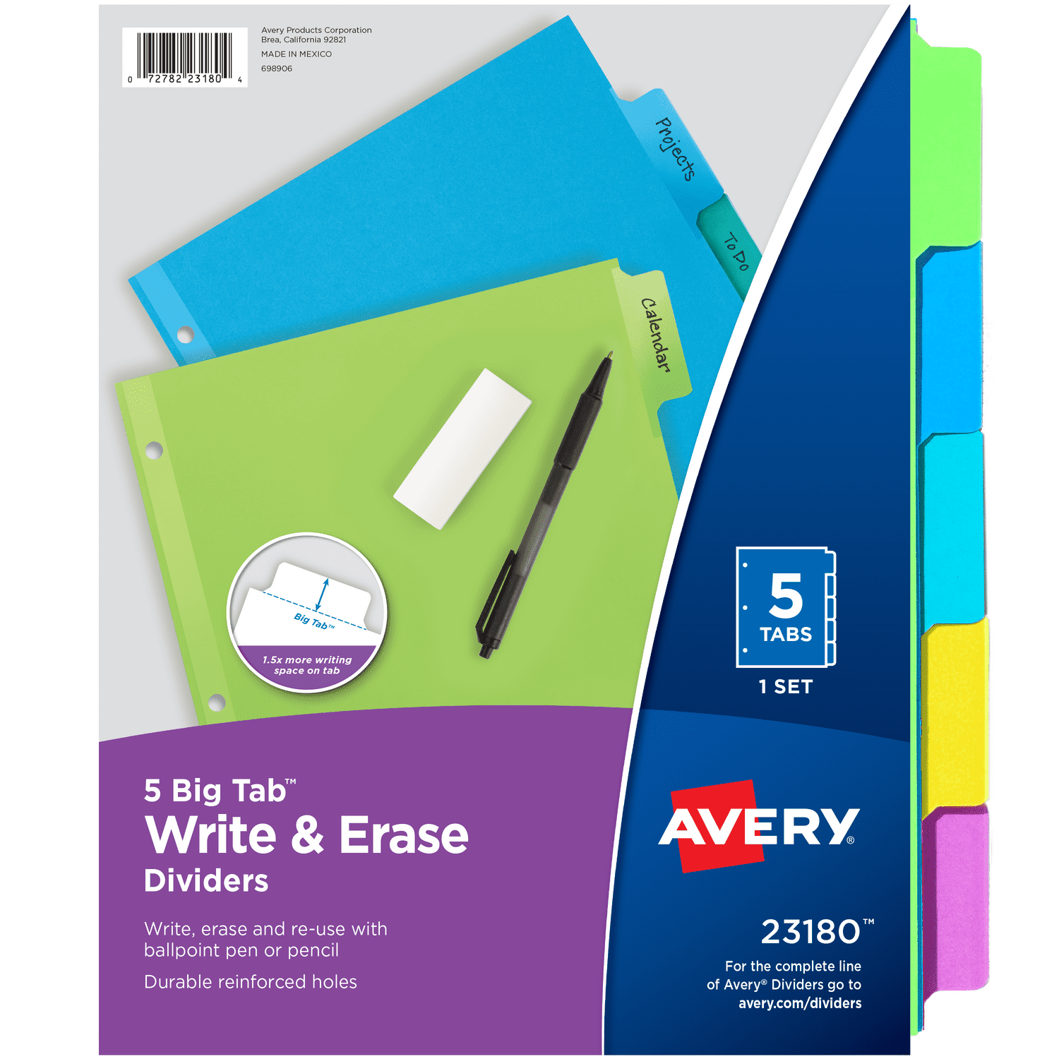 Avery Write & Erase Divider, 5-Tab, Paper, Multicolor Body, Multicolor Big Tabs, Handwrite, 1 Set