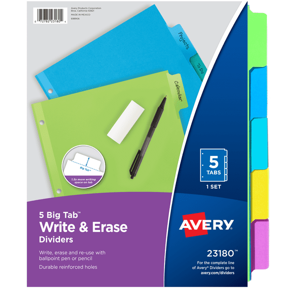 Avery Write & Erase Divider, 5-Tab, Paper, Multicolor Body, Multicolor Big Tabs, Handwrite, 1 Set