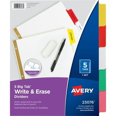 Avery Write & Erase Divider, 5-Tab, Paper, White Body, Multicolor Big Tabs, Handwrite, 1 Set