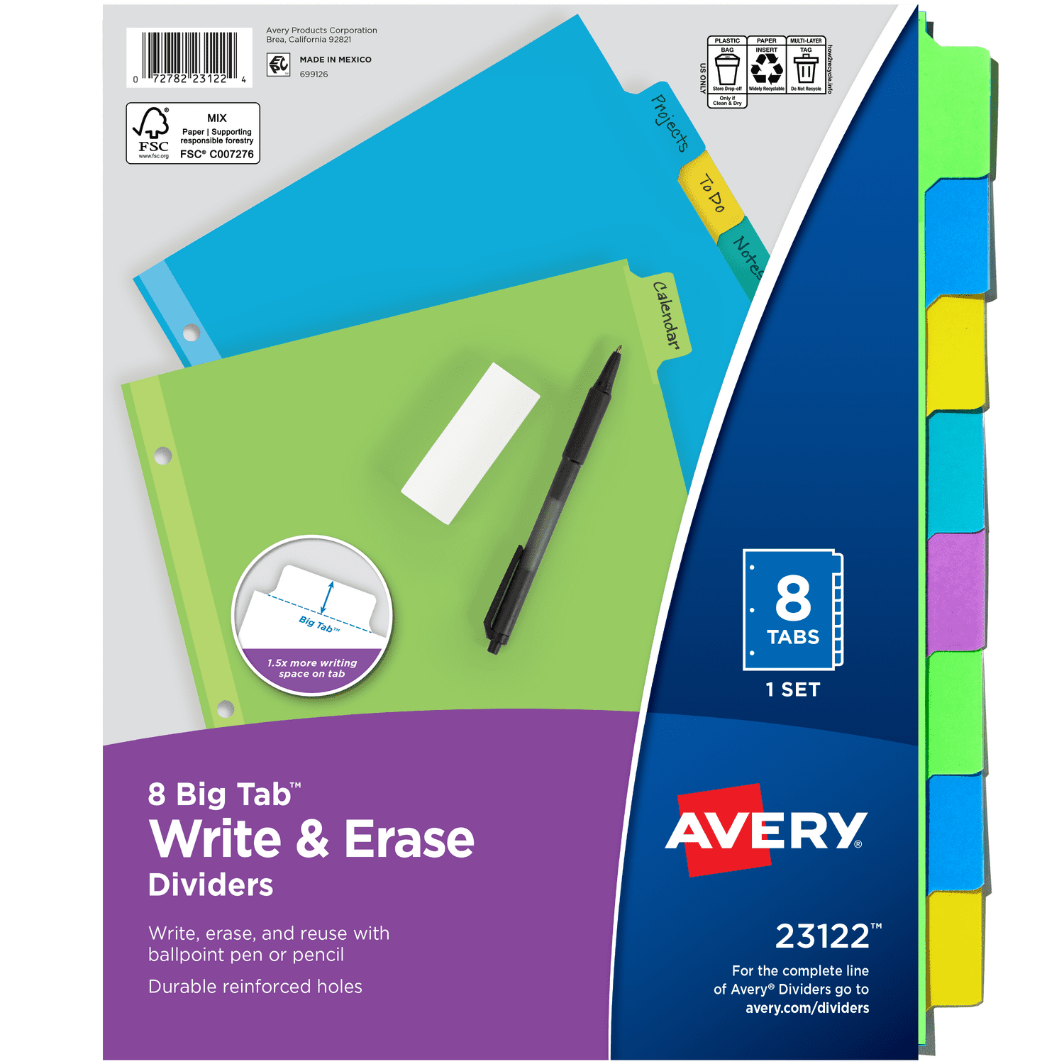 Avery Write & Erase Divider, 8-Tab, Paper, Multicolor Body, Multicolor Big Tabs, Handwrite, 1 Set