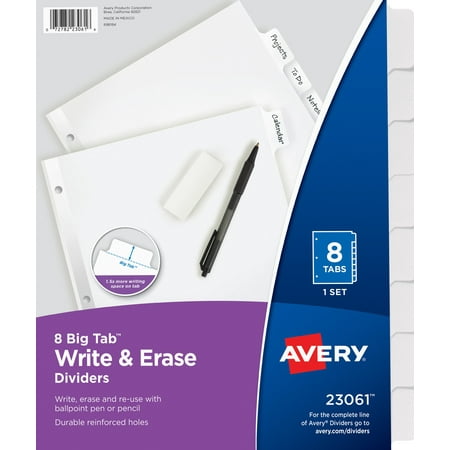Avery Write & Erase Divider, 8-Tab, Paper, White Body, White Big Tabs, Handwrite, 1 Set