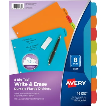 Avery Write & Erase Divider, 8-Tab, Plastic, Durable Multicolor Big Tabs, Handwrite, 1 Set