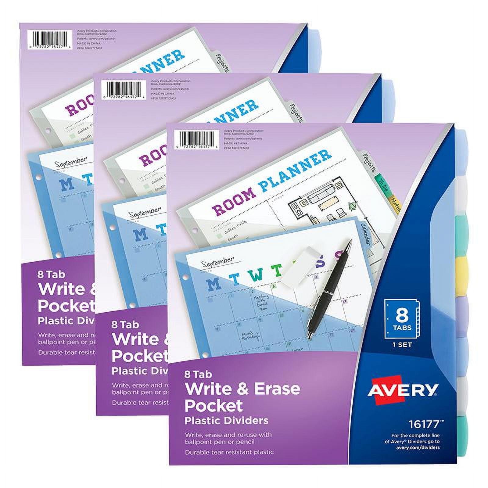 Avery Write & Erase Pocket Plastic Dividers, 8Tab Set, Multicolor, 3 Sets