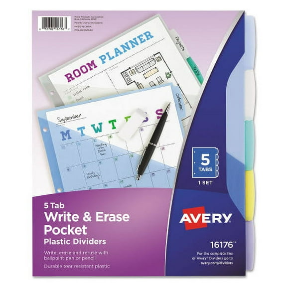 Avery Write and Erase Durable Plastic Dividers with Slash Pocket, 3-Hold Punched, 5-Tab, 11.13 x 9.25, Assorted, 1 Set