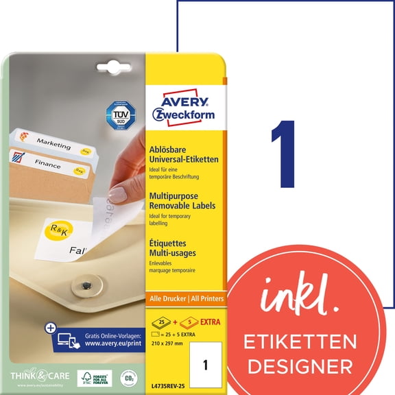 Avery Zweckform L4735REV Universal Labels (25A4Removable Labels 210x 297mm 25Sheets White