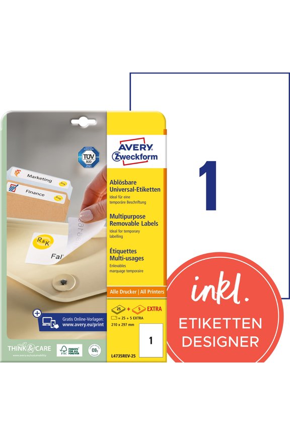 L4735REV Universal Labels (25A4Removable Labels 210x 297mm 25Sheets White