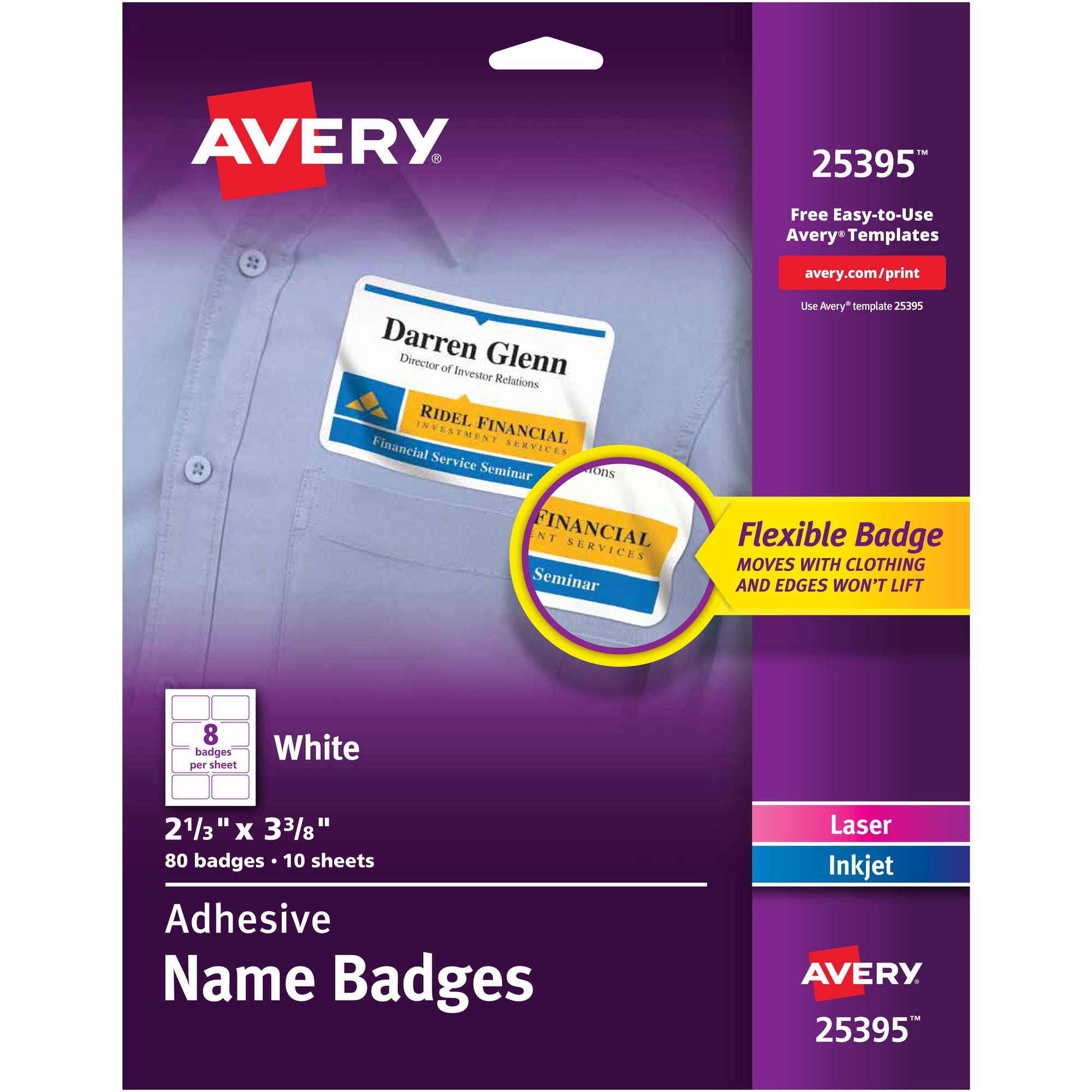 Avery&reg; Adhesive Name Badges - Removable Adhesive - Rectangle - Laser, - White - Film - 8 / Sheet - 10 Total Sheets - 80 Total Label(s) - 5 / Carton