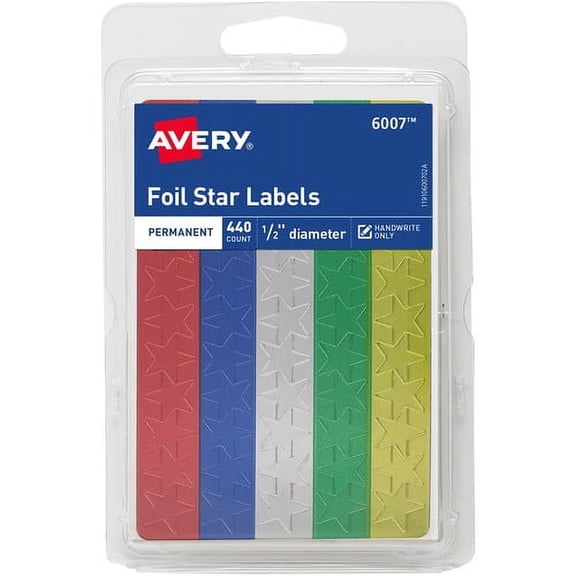 Avery reg; Assorted Foil Star Labels - Learning Theme/Subject - Star Shape - Permanent Adhesive - 0.50" Height - Red, Blue, Silver, Green, Gold - Paper - 6 | Bundle of 5 Packs