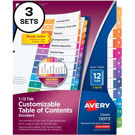 Avery® Customizable Table Of Contents Dividers, Ready Index(r) Printable Section Titles, Preprinted 1-12 Multicolor Tabs, 3 Sets (11073) - 36 X Divider(s) - 1-12 - 12 Tab(s)/set - 8.5" Divider