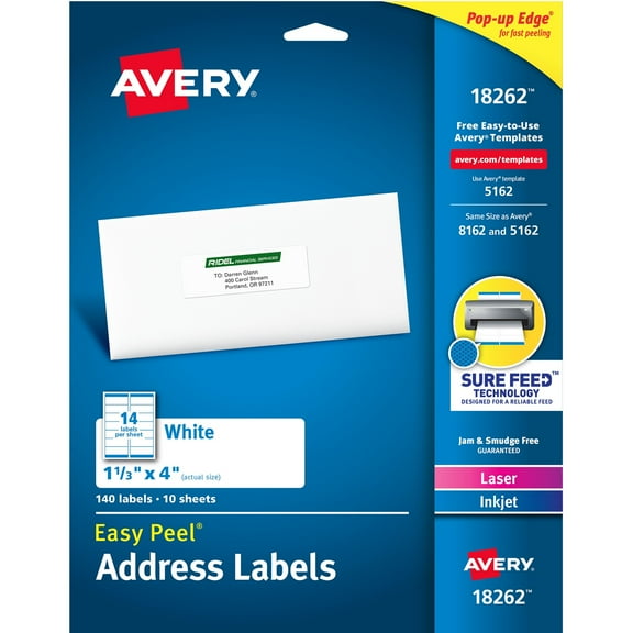 Avery Easy Peal Sure Feed Address Labels - Permanent Adhesive - Rectangle - Laser, - White - Paper - 14 / Sheet - 50 Total Sheets - 700 Total Label(s) - 5 / Carton