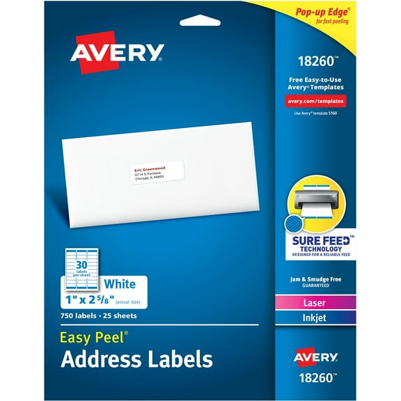 Avery Easy Peal Sure Feed Address Labels - Permanent Adhesive - Rectangle - Laser, - White - Paper - 30 / Sheet - 125 Total Sheets - 3750 Total Label(s) - 5 / Carton