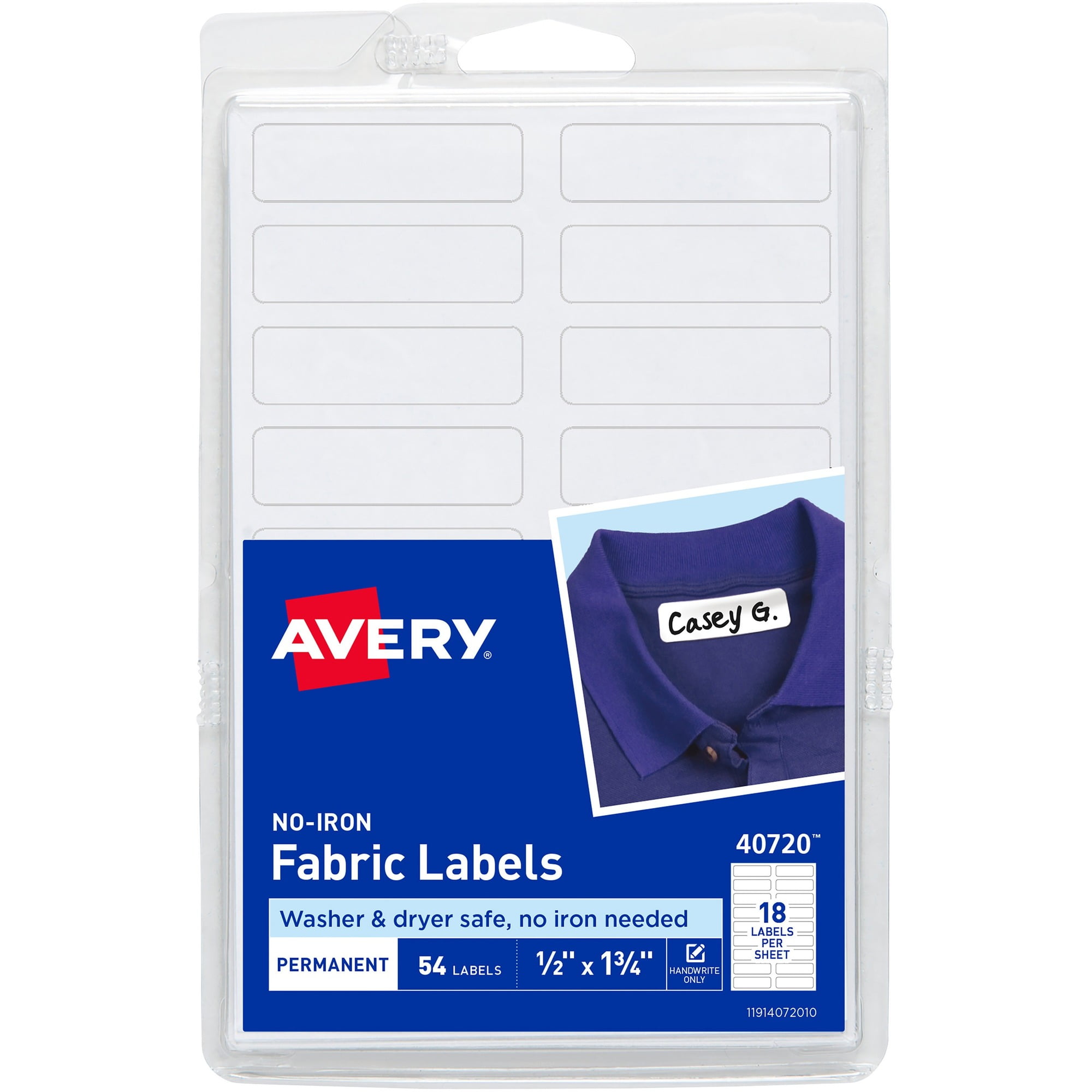 Avery&reg; No-iron Fabric Labels - Permanent Adhesive - Rectangle - White - Film - 18 / Sheet - 54 Total Sheets - 972 Total Label(s) - 18 / Carton