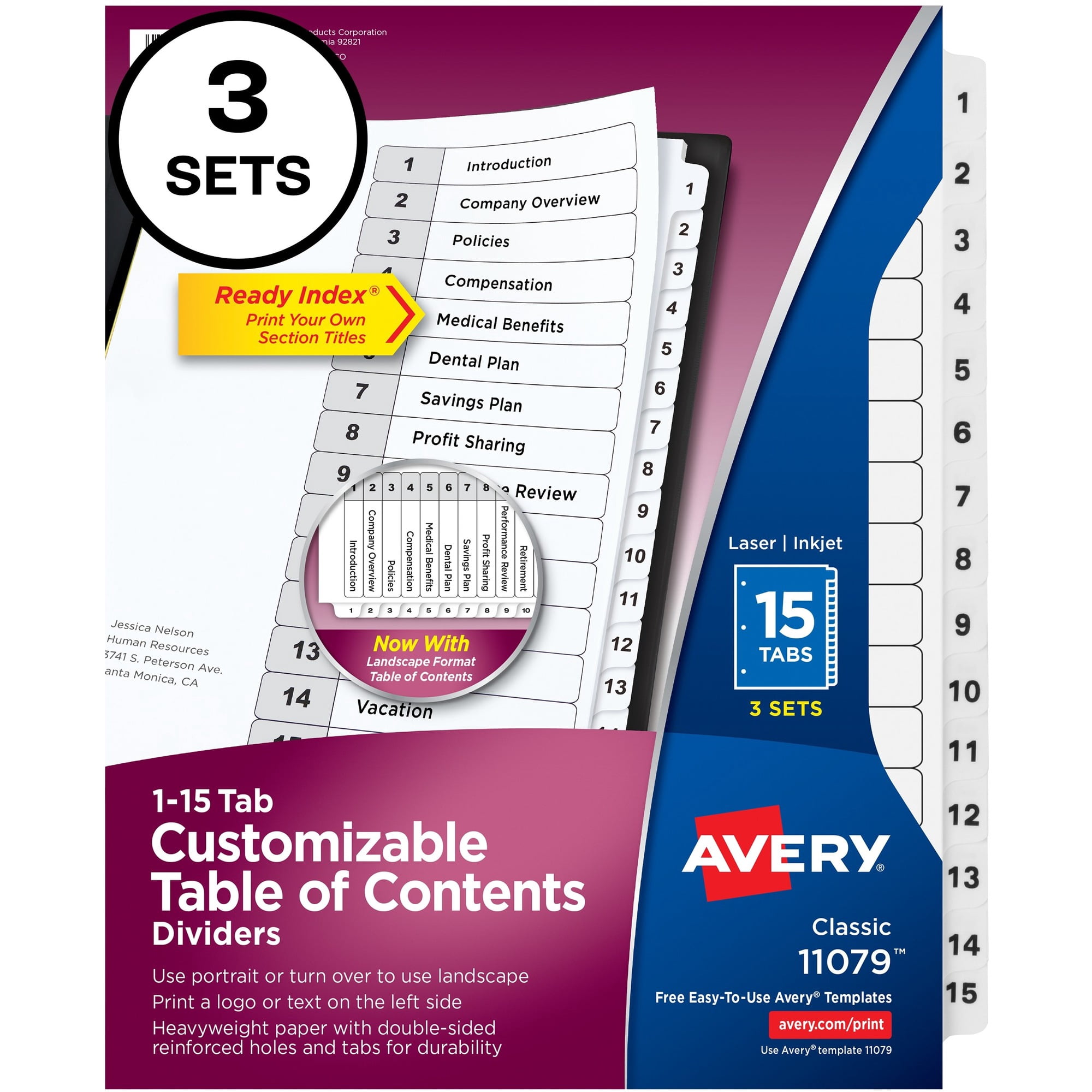 Avery&reg; Ready Index Classic Tab Binder Dividers - 360 X Divider(s) - 360 Tab(s) - 1-15 - 15 Tab(s)/set - 8.5" Divider Width X 11" Divider Length - 3 Hole Punched - White Paper Divider - White
