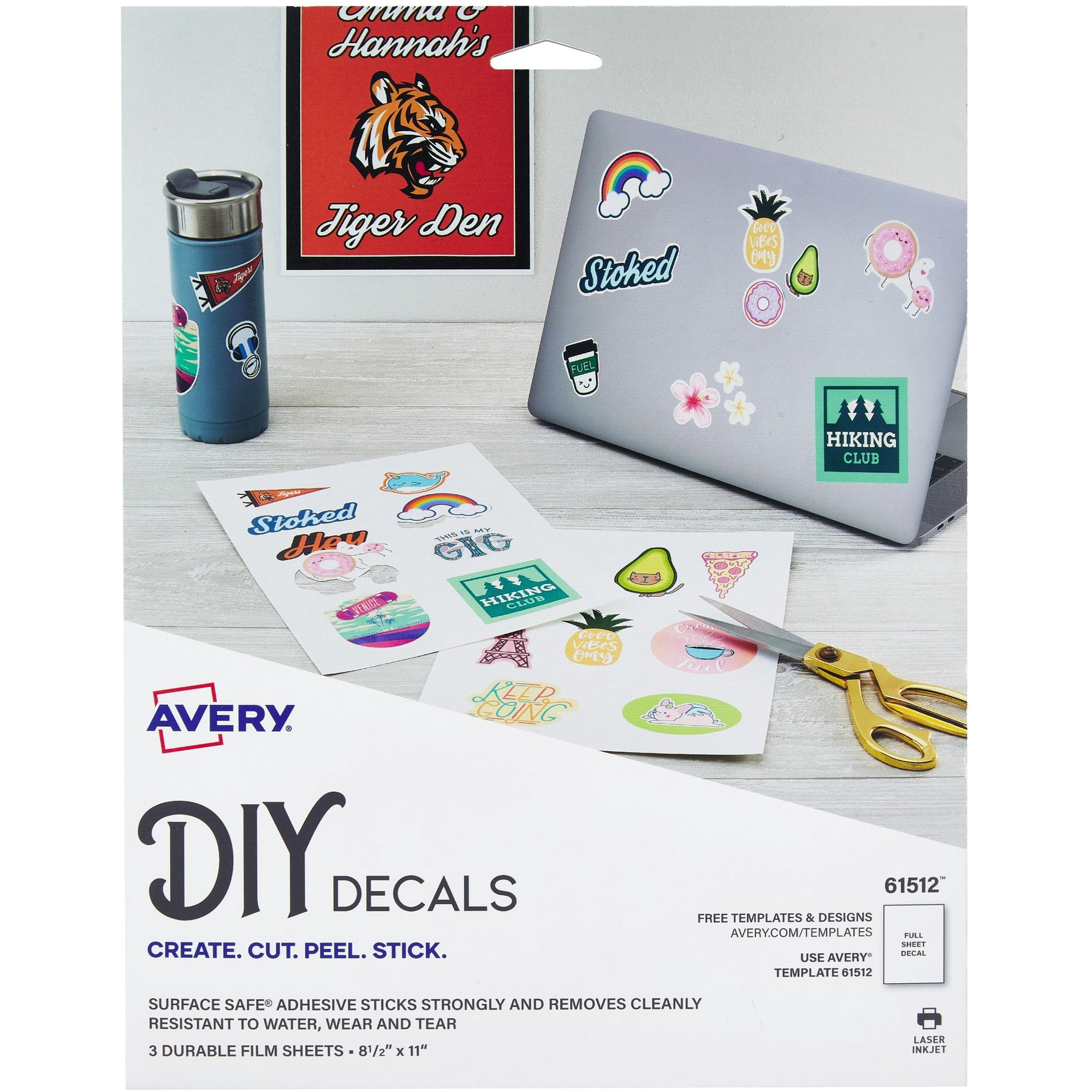 Avery&reg; Surface Safe Printable Decal Stickers - Removable Adhesive - Rectangle - Laser, - White - Film - 1 / Sheet - 15 Total Sheets - 15 Total Label(s) - 5 / Carton