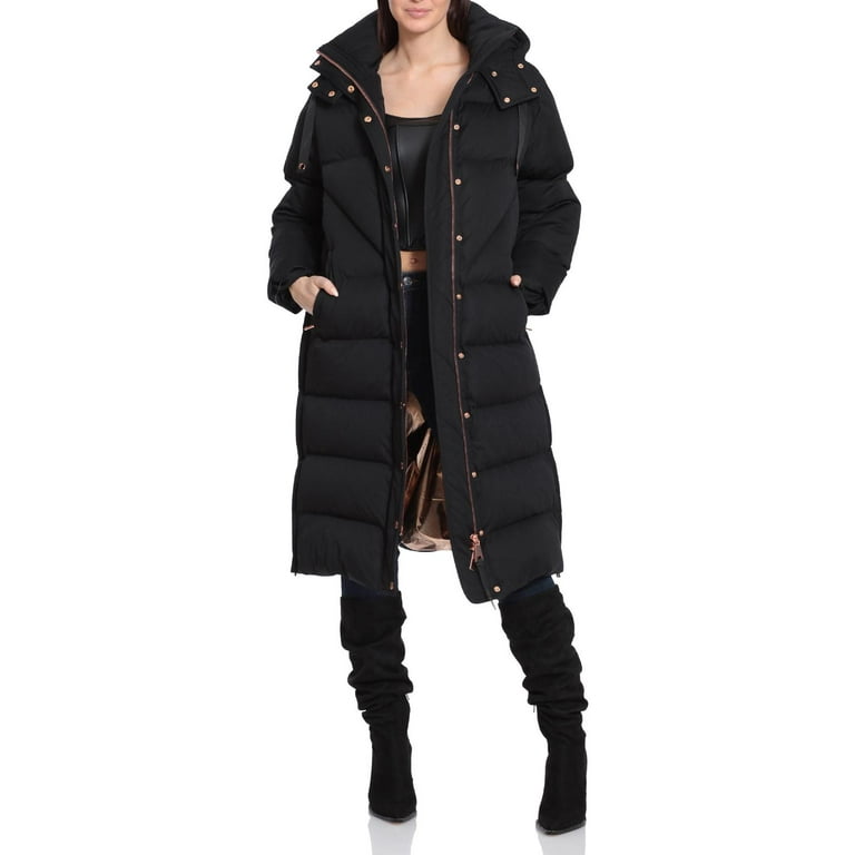 Aves Les Filles Women s Quilted Long Puffer Coat with Detachable Hood