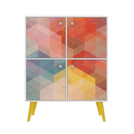 Avesta Mid-Century Modern High Double Cabinet with Funky Colorful Design & Solid Wood Legs in White, Color Stamp & Yellow - 45.28 x 35.43 x 13.78 in.