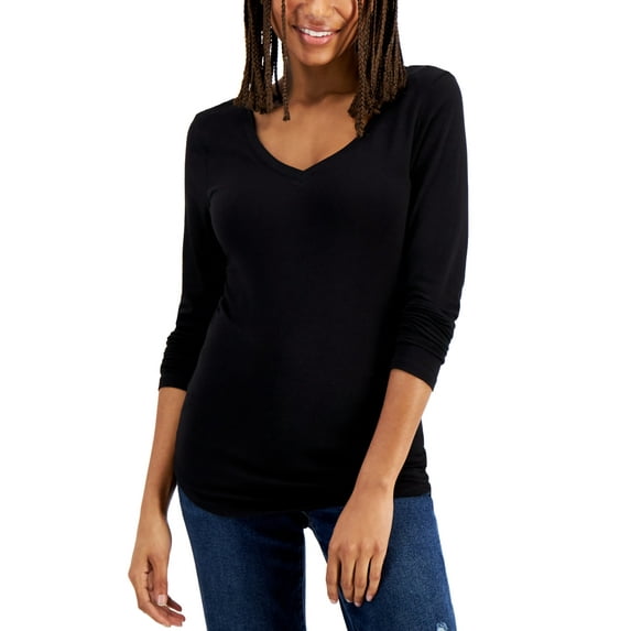 Aveto Womens V-Neck Long-Sleeved Basic T-Shirt, Black, Juniors, Large