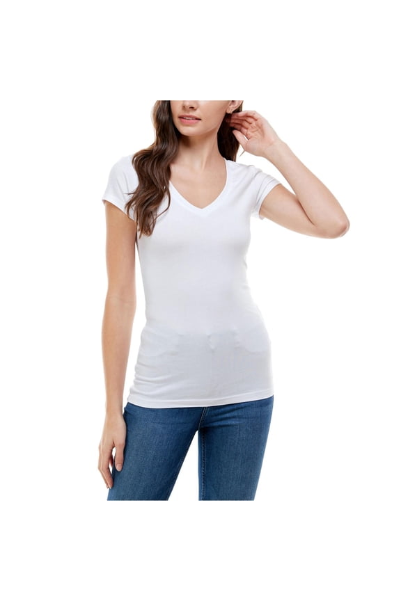 Womens Solid V-Neck Basic T-Shirt, White, Size Large