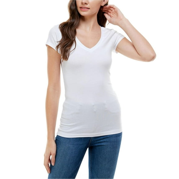 Aveto Womens Solid V-Neck Basic T-Shirt, White, Size Large
