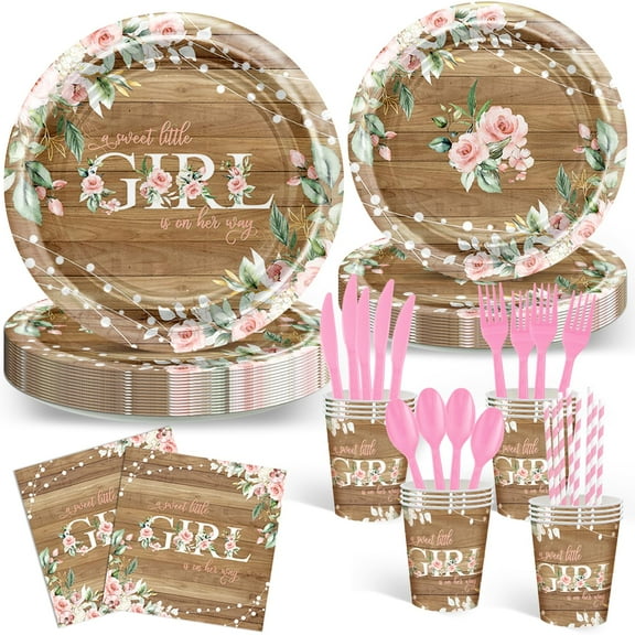 Avezano 192 Pcs Rustic Girl Baby Shower Party Decorations A Sweet Little Girl is on Her Way Baby Shower Party Tableware Set Disposable Floral Plates Napkins Cups for 24 Guests Y101