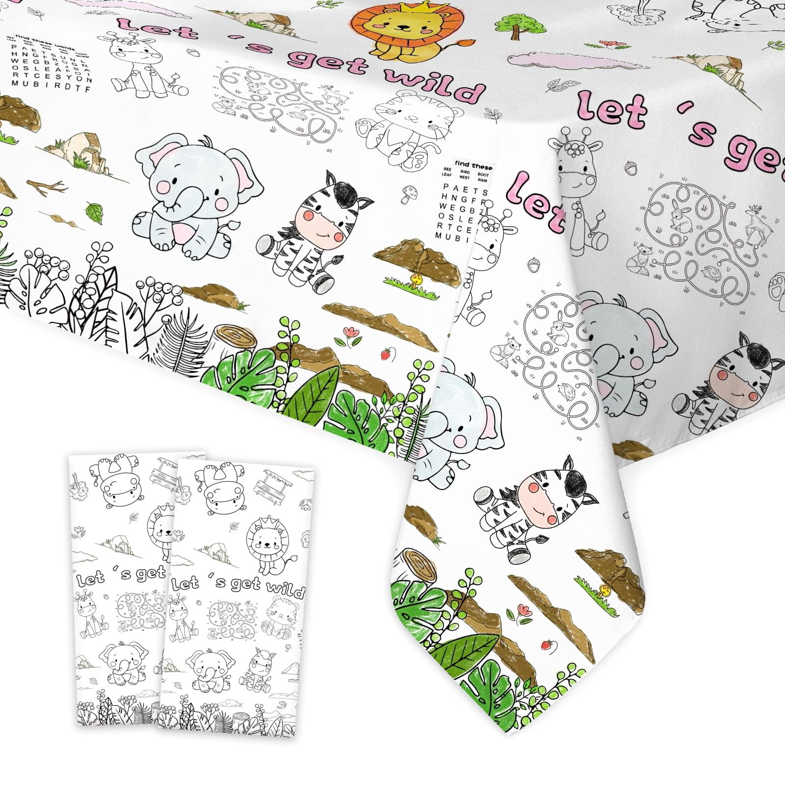 Avezano 2 Pack Safari Jungle Theme Coloring Paper Tablecloth Let's Get Wild Animals Disposable ...