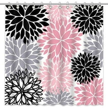 Avezano  Dahlia Flower Shower Curtain Spring Floral Shower Curtain for Bathroom Pink Black and Grey Shower Curtain Set with 12 Hooks, 72x72 Inches