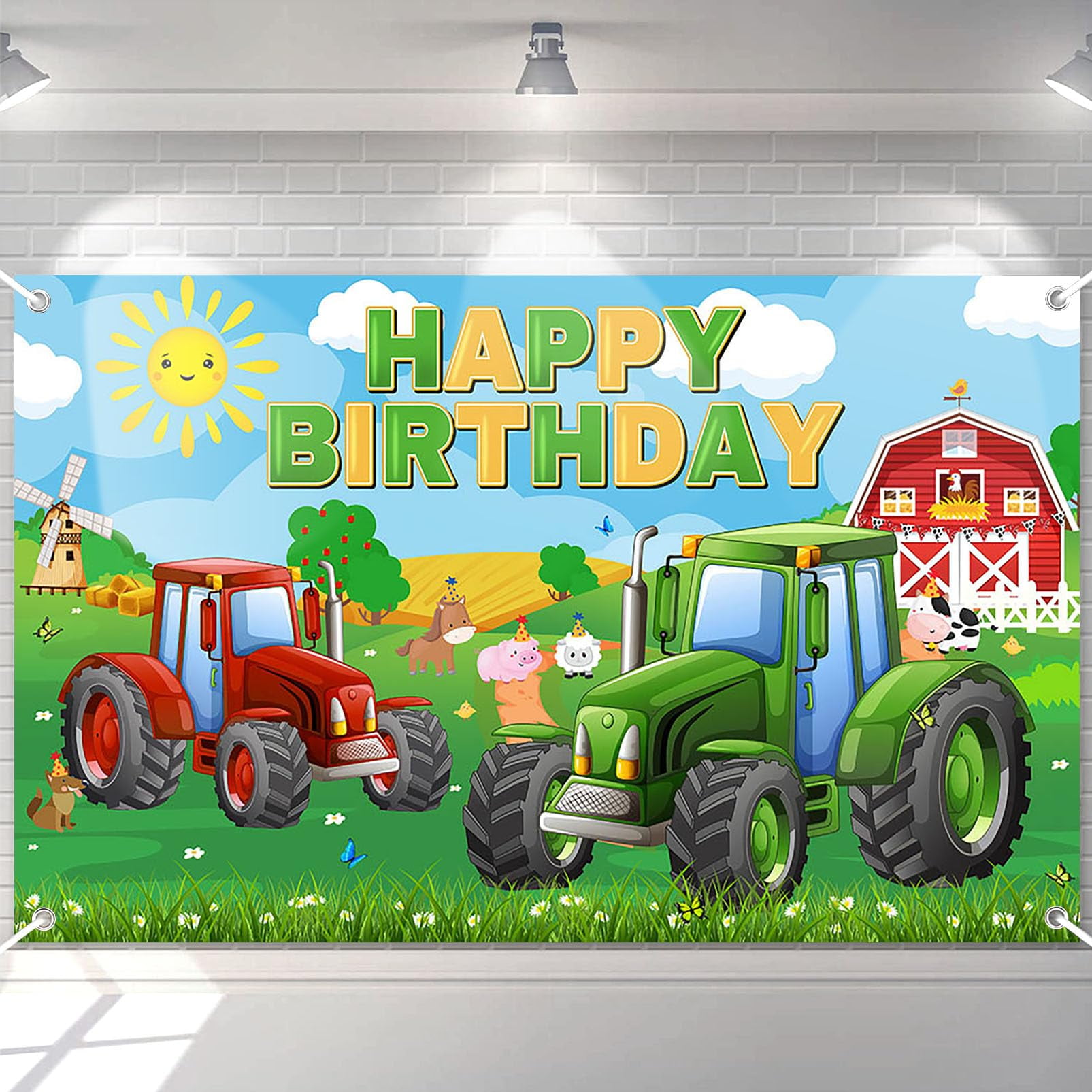 Farm Animals Birthday Banner - Pink Floral Backdrop, 70.8x43.3 Inch, Photo Booth Decor