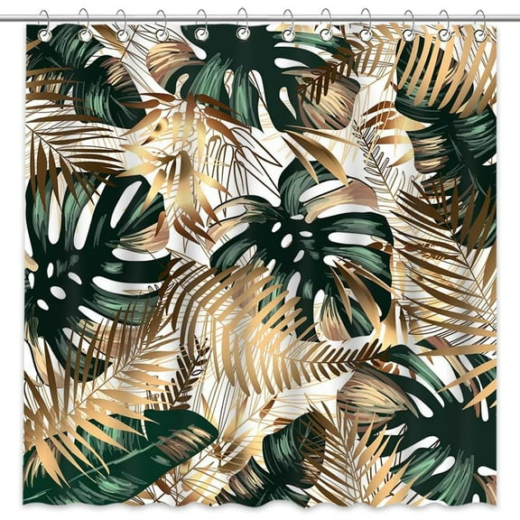 Avezano Green Tropical Leaves Shower Curtain Hawaii Palm Leaves Shower Curtain for Bathroom Gold Botanical Plants Shower Curtain Set with 12 Hooks, 72x72 Inches