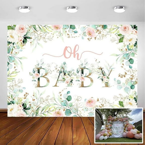 Avezano Greenery Girl Oh Baby Backdrop for Baby Shower Decoration Photography Background Blush Pink and Gold Floral Eucalyptus Greenery Leaves Baby Girl's Shower Party Photoshoot (10x7ft)