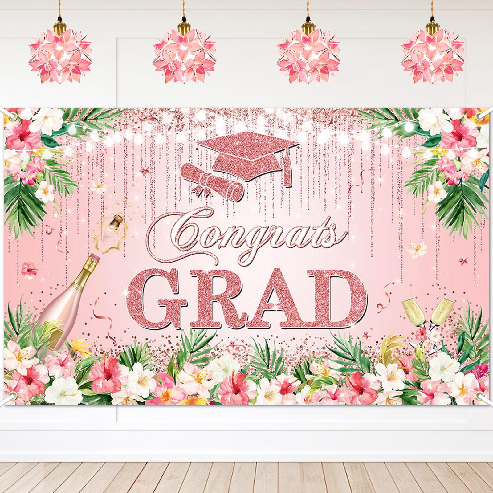Graduationa Signs Pink Avezano Pink Graduation Banner SSF20 Pink Floral Congrats Grad Backdrop ...