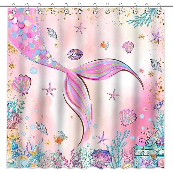Avezano Pink Mermaid Shower Curtain Mermaid Tail Shower Curtain for Bathroom Under The Sea Ocean Theme Shower Curtain Set with 12 Hooks, 72x72 Inches