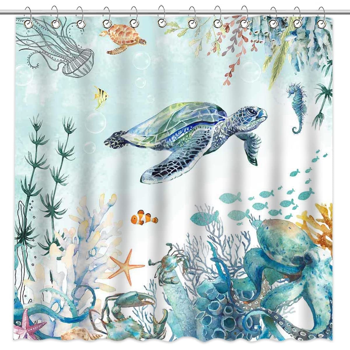 Avezano Sea Turtle Shower Curtain Ocean Animals Shower Curtain for Bathroom Underwater Coral Octopus Shower Curtain Set with 12 Hooks, 72x72 Inches