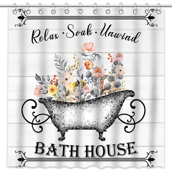 Avezano Vintage Floral Bathtub Shower Curtain Rustic Farmhouse Wood Paneled Bathroom Waterproof Curtain Black And White Modern Home Bathtub Fabric Decor Set with 12 hooks
