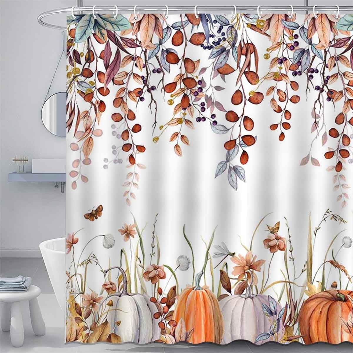 Avezano Watercolor Autumn Leaves Shower Curtain Botanical Pumpkin Bathroom Curtain Fall Thanksgiving Waterproof Fabric Bath Shower Curtain Set with 12 Hooks, 72 x 72 in