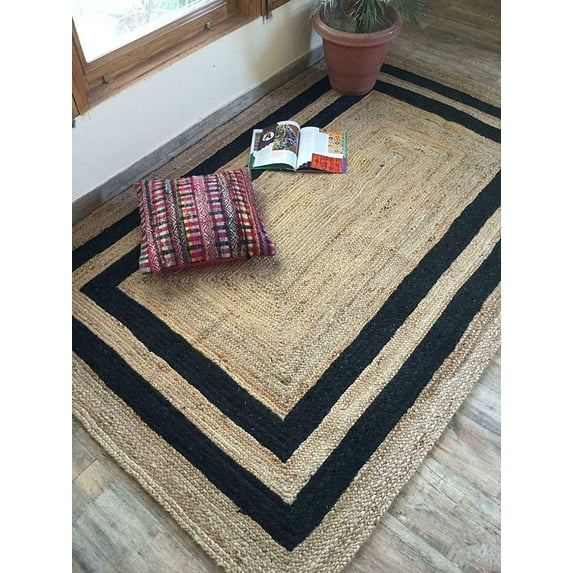 Avgari Creation Black Border Jute Hand Braided Solid Square Area Rug Carpet 10" Feet (120 Inch)