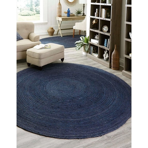 Avgari Creation Blue Dye Natural Jute Hand Made Round Living Room, Dining Room, Kitchen Farm House Area Rug Carpet Doormat 7" Feet (84 inch)