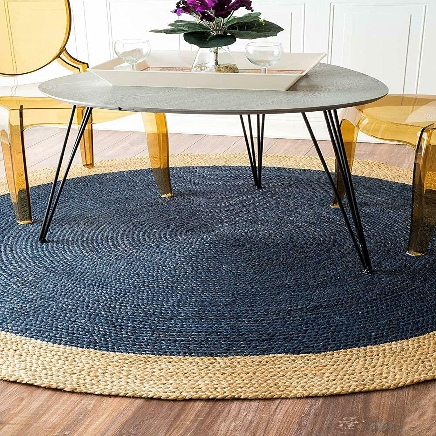 Avgari Creation Hand Made Round Blue Color Living Room Area Rug, Farm House, Kitchen Outdoor Indoor Rugs Carpet Doormat 6" Feet (75" Inch)