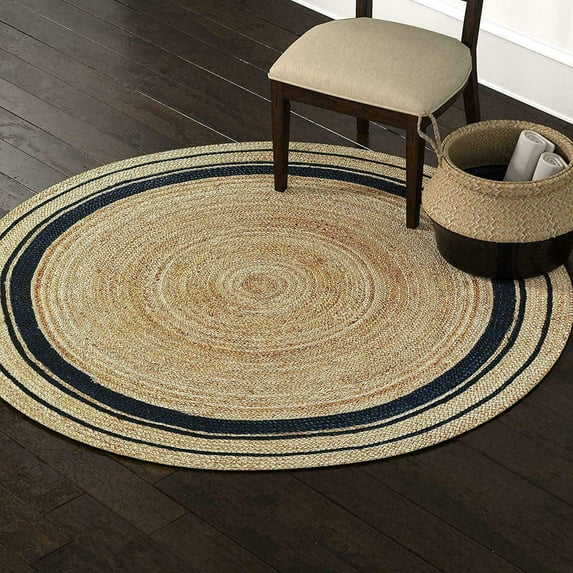 Avgari Creation Natural Jute Rug Hand Braided Round Area Rug Handmade Rug for Home Decor (12 Feet Round (144x144 Inches), Beige + BlackLine)